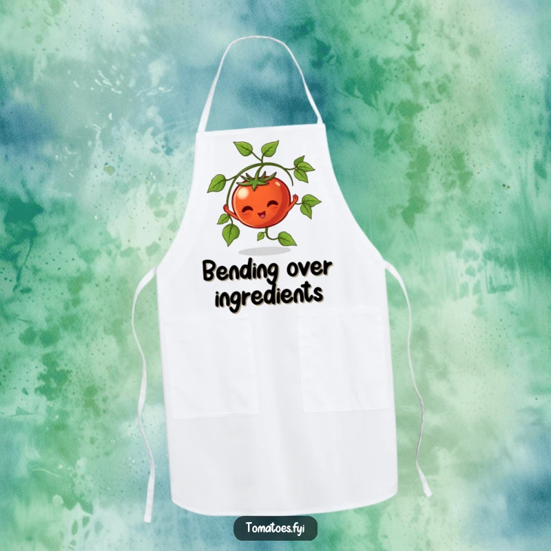 Funny Apron with a vine tomato character stretching its leaves, perfect for humorous and nature-loving kitchen tasks.