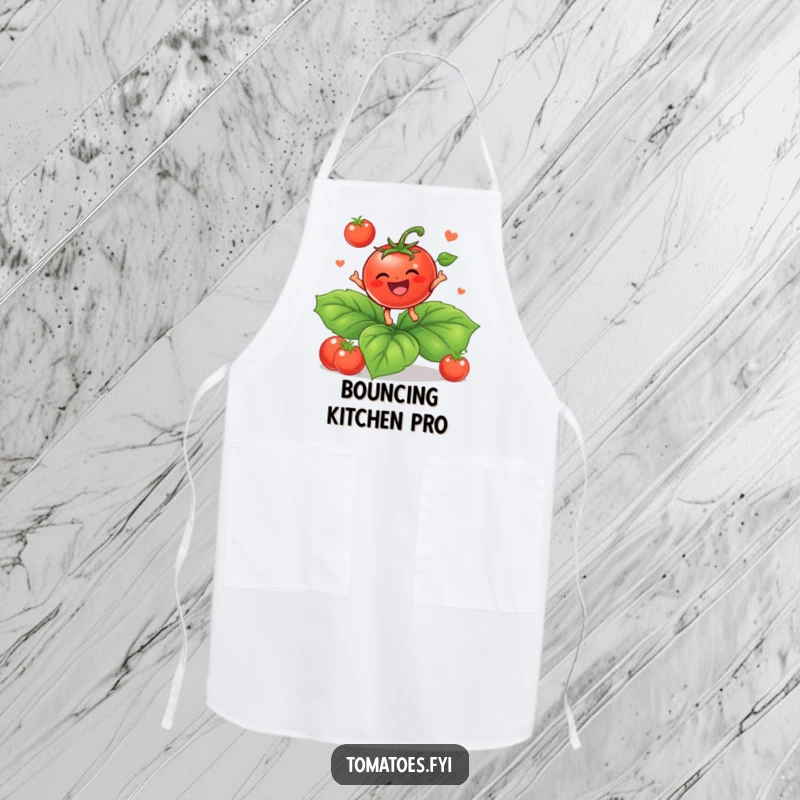 Funny Apron: A baby tomato bounces on a leaf in the kitchen. A funny gift.