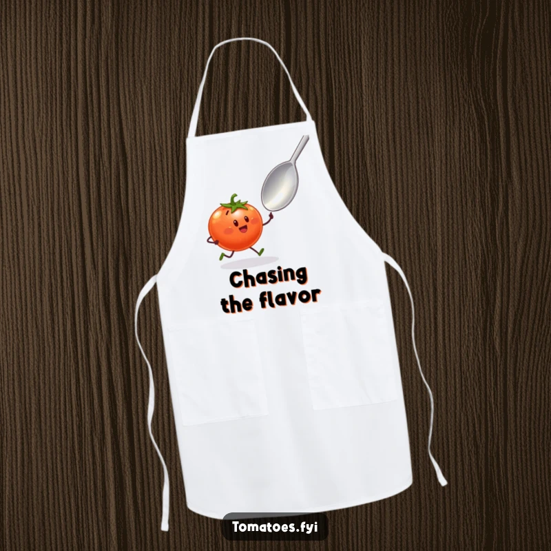 Funny apron showing a tomato character with tiny legs excitedly sprinting towards a giant spoon, for comedic cooking fun.