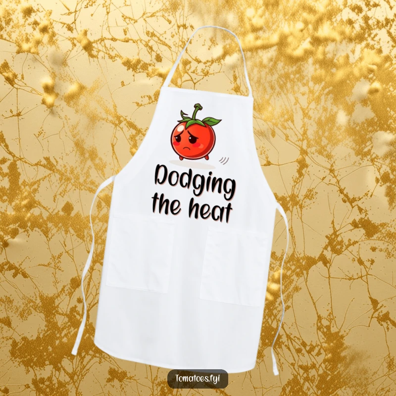 Funny apron with a worried tomato character rolling away, adding a humorous and relatable touch to kitchen wear.