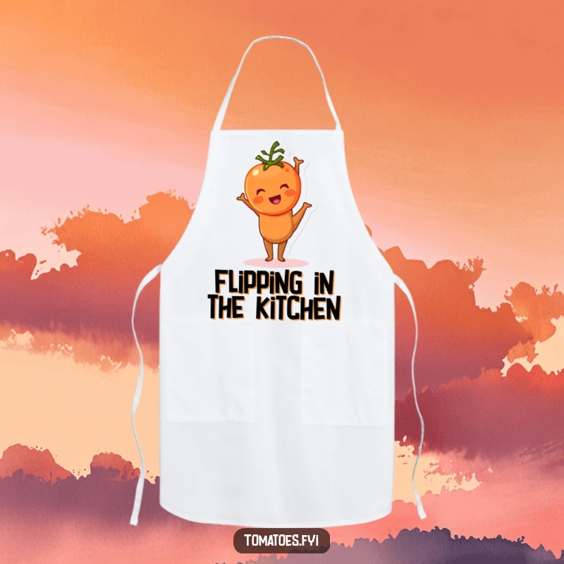 Funny tomato character comically trying to do a handstand on this kitchen apron, bringing humor to cooking.