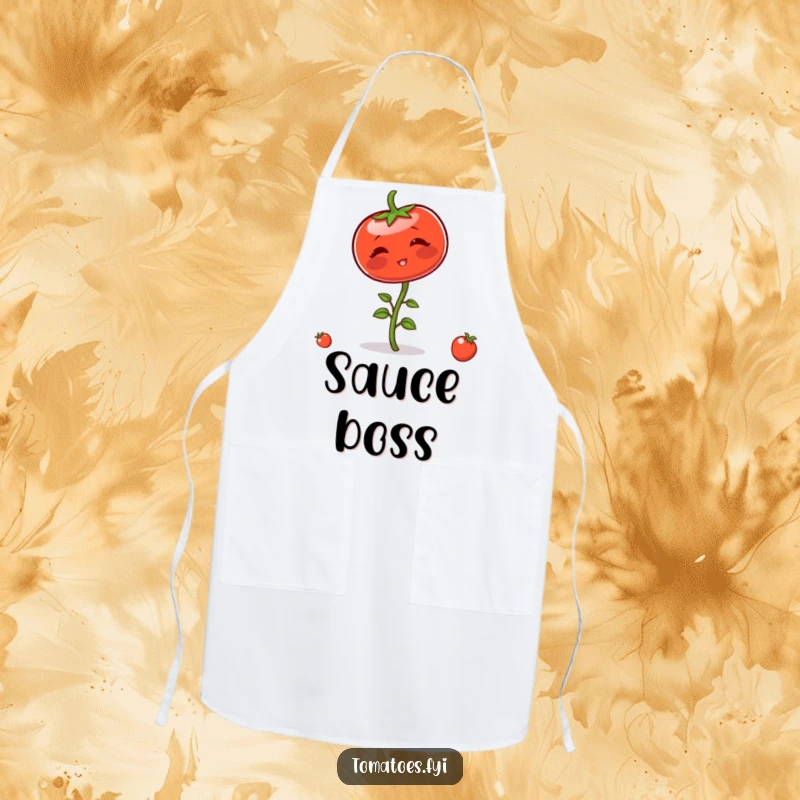 Funny apron depicting a blushing tomato character comically trying to balance on its stem while in the kitchen, ready for cooking.