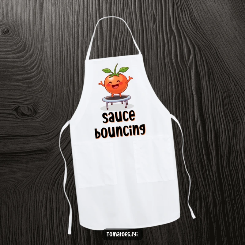 Funny Apron: Happy tomato character comically bounces on a small trampoline, a humorous and cheerful kitchen accessory.
