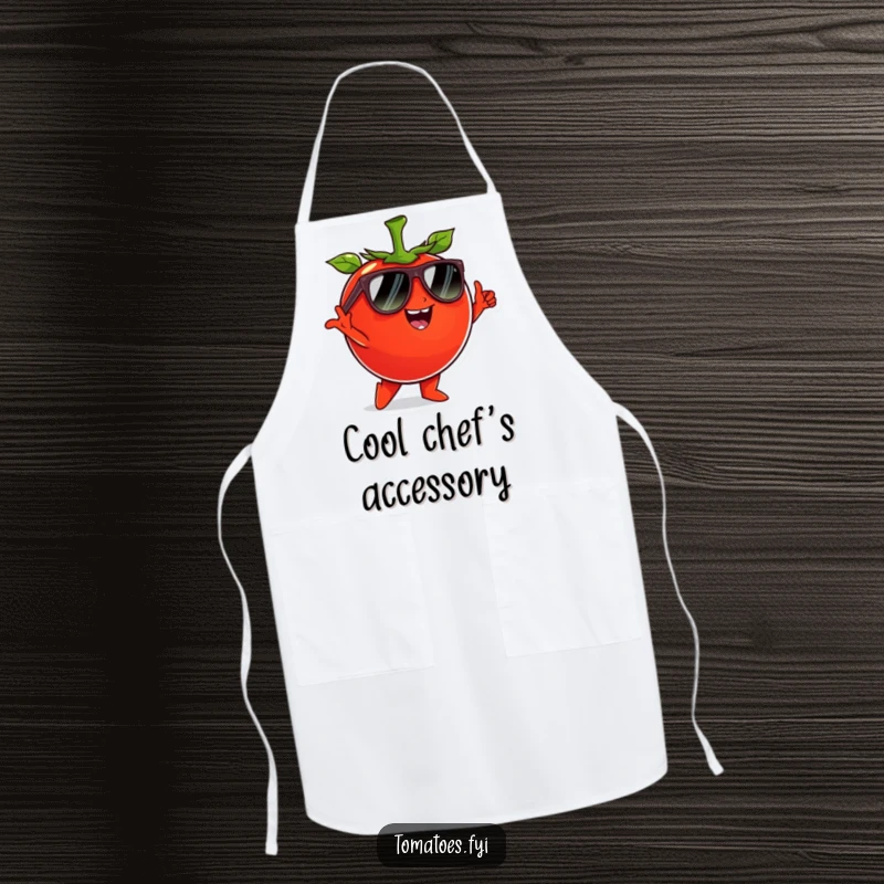 Funny tomato character wearing sunglasses and striking a cool pose, on a stylish and funny apron.