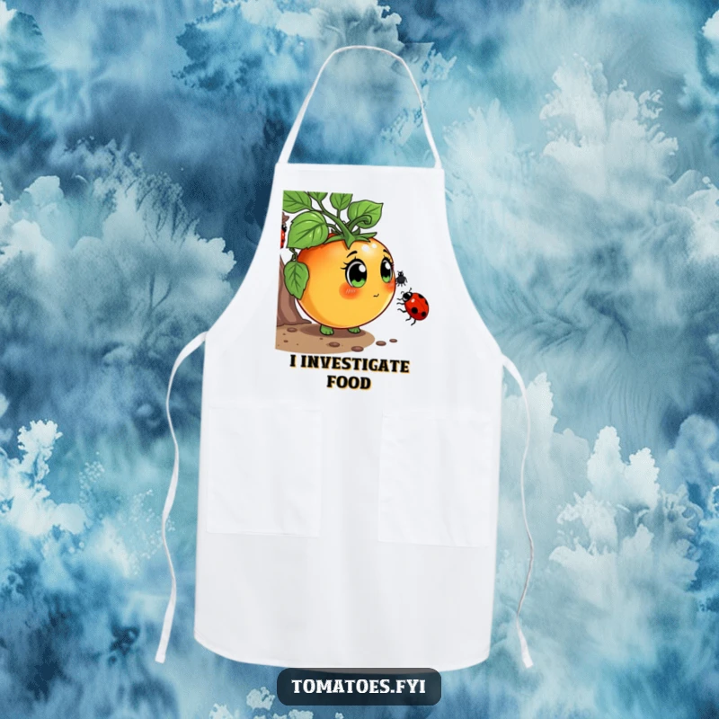 Funny Apron showcasing a curious tomato character with wide eyes, sniffing a ladybug, ideal for humorous kitchen activities.