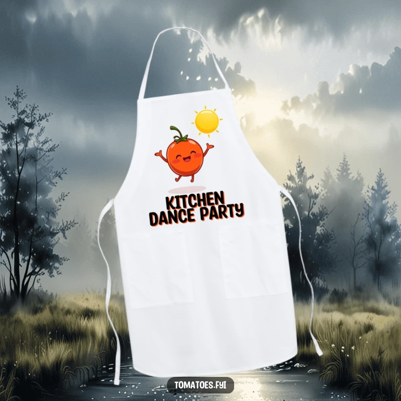 Funny apron with a cheerful tomato character dancing in the sun, adding a fun and humorous touch to kitchen wear.