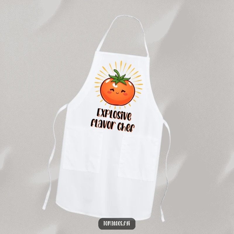 Funny apron showcasing a tomato surrounded by a starburst of energy, perfect for powerful and humorous cooking.
