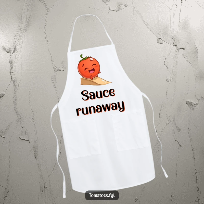 Funny apron depicting a giggling tomato character joyfully rolling down a small incline, ready for culinary adventures.