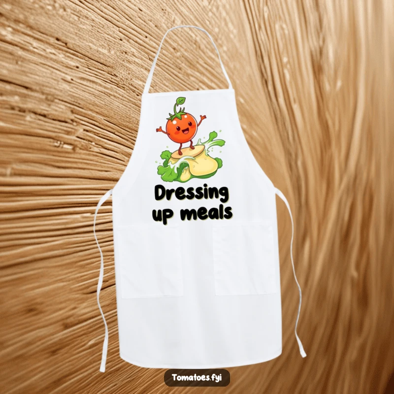 Funny Apron: A tomato surfs a salad dressing wave in the kitchen. A funny gift.