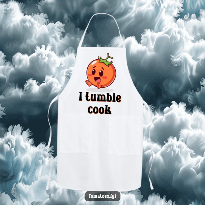 Funny Apron showcasing a surprised tomato character comically tumbling with a smile, ideal for humorous kitchen activities.