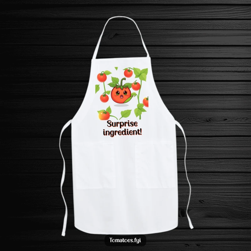 Funny Surprised Tomato Apron: A kitchen apron showcasing a tomato character popping out from a leaf in surprise.