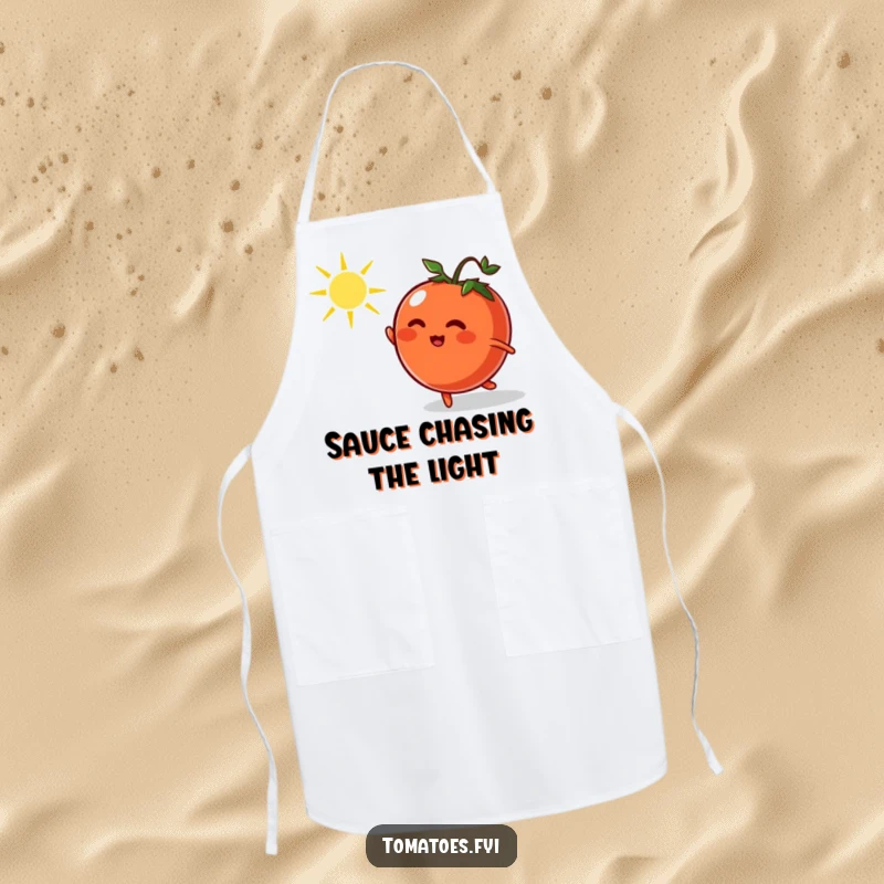 Funny apron featuring a determined tomato character in a playful chase after a dancing sunbeam, perfect for a cheerful cook.