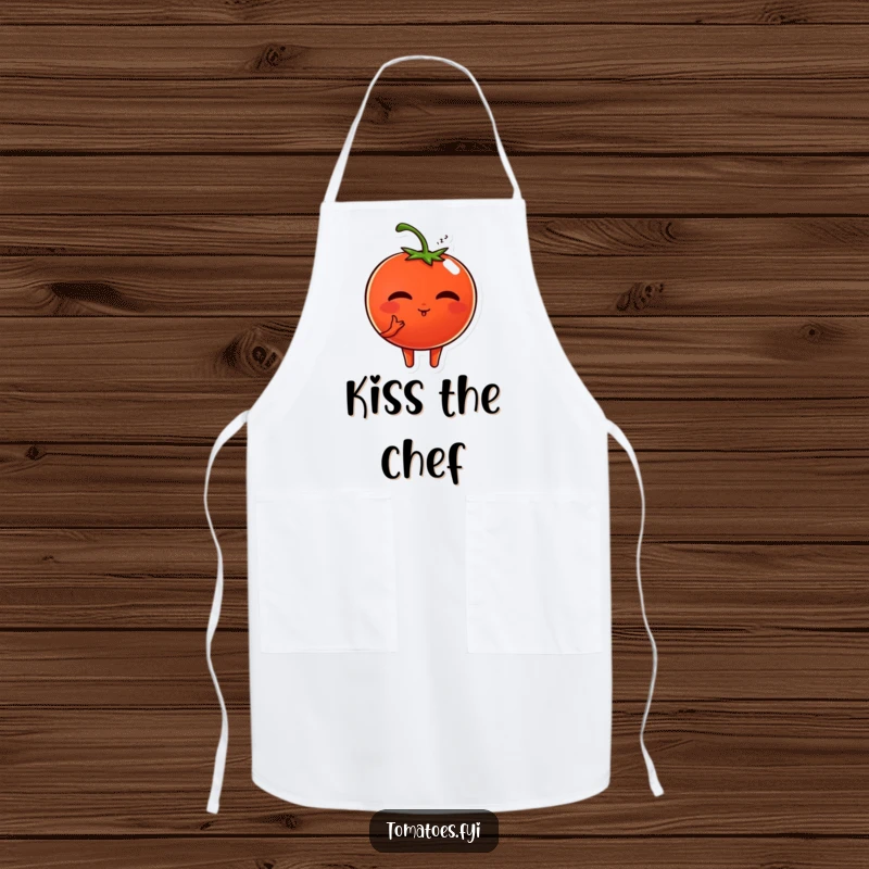 Funny apron shows a sweet tomato character blowing a kiss, adding romantic humor and practicality to kitchen tasks.