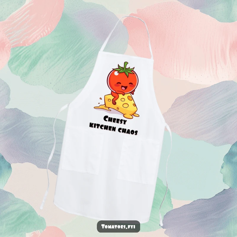 Funny kawaii tomato character hilariously attempting to ride a melting cheese slice on a chef's apron.