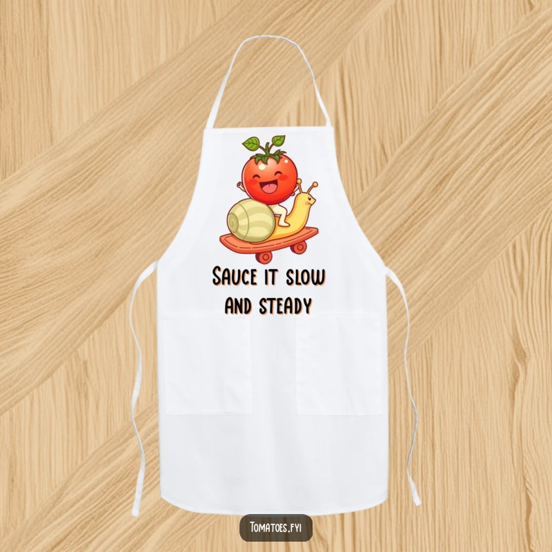 Funny tomato character joyfully riding a snail like a rollercoaster on this kitchen apron, bringing fun to cooking.