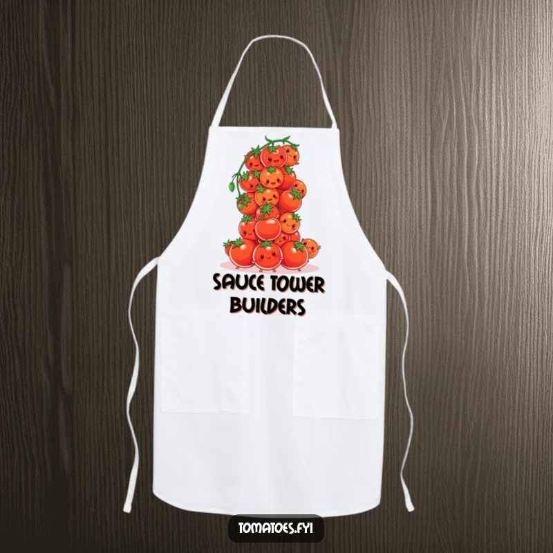 Funny tomato characters comically attempting to build a tower of cherry tomatoes on this kitchen apron, bringing humor to cooking.