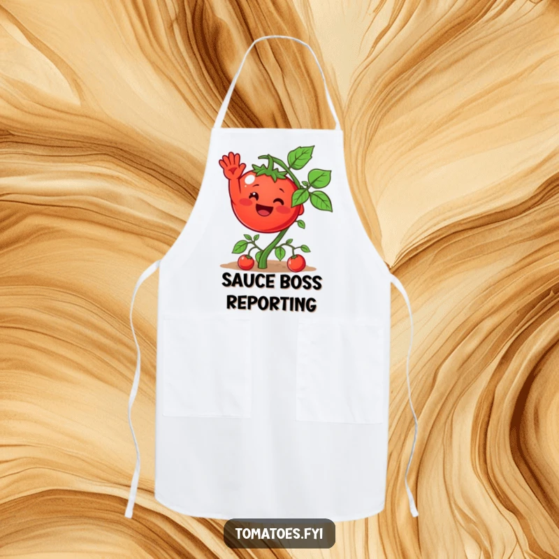 Funny apron featuring a cheerful tomato waving from a vine, a practical and humorous kitchen accessory for aspiring chefs.