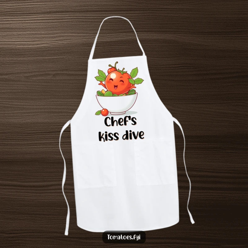 Funny apron with a winking tomato character doing a cool dive into a salad bowl, adding a cool and humorous touch.