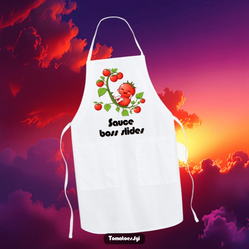 Funny winking tomato character playfully sliding down a tomato vine, on a charming and funny kitchen apron.