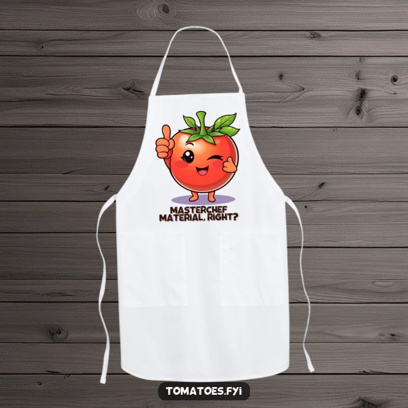 Funny apron featuring a winking tomato character giving a confident thumbs up, perfect for adding fun to kitchen duties.