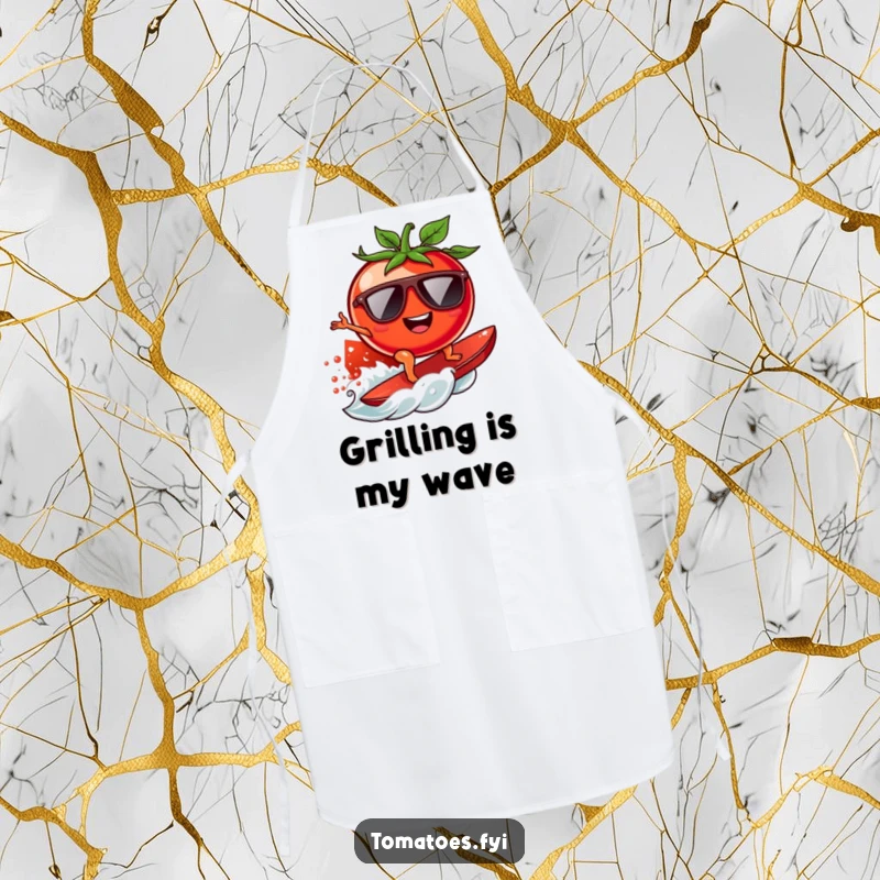 Funny surfing tomato apron depicting a cool tomato with sunglasses riding a juicy tomato wave, perfect for outdoor cooking.
