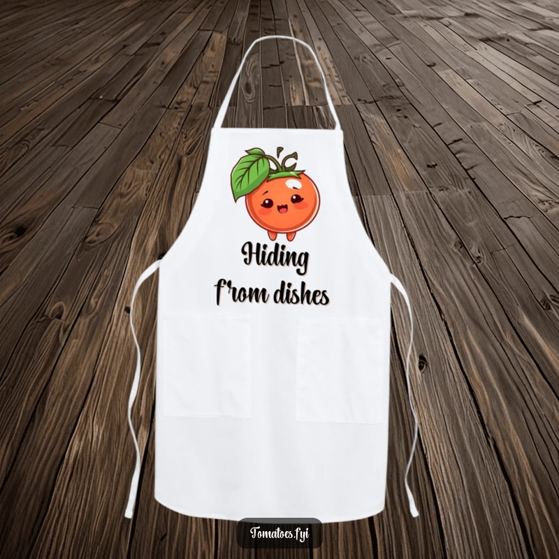 Funny apron with a cheerful tomato character playfully peeking from behind a leaf, perfect for a fun cooking experience.