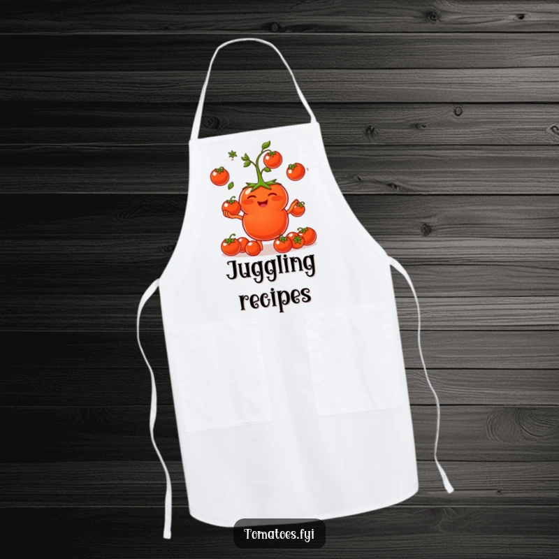 Funny Apron: A tomato character giggles while juggling cherry tomatoes. A funny gift.