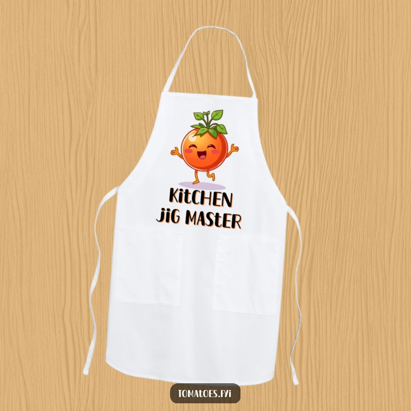 Funny cheerful tomato character doing a happy jig with sprouts, on a charming and funny apron.