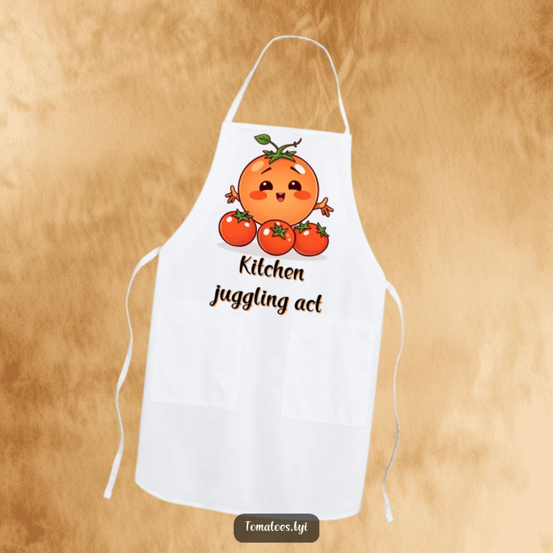 Funny tomato character comically juggling smaller tomatoes, printed on a functional and humorous kitchen apron.