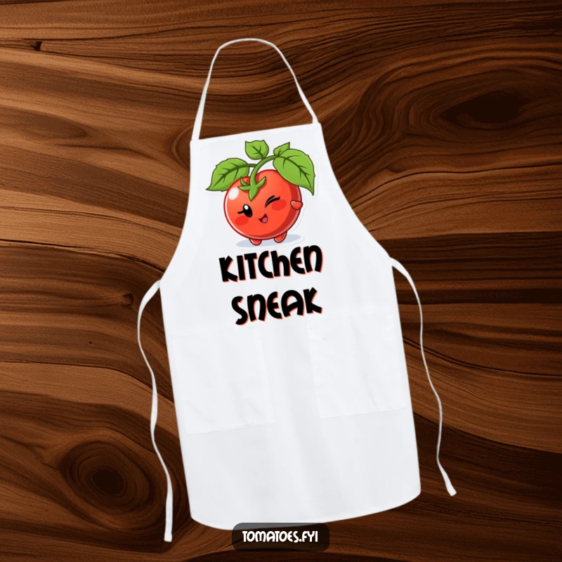Funny apron depicting a winking tomato character playfully peeking from behind a leaf, ready for culinary mischief.
