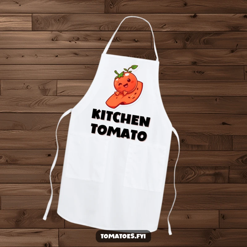 Funny tomato character apron, showing a happy slide on a tomato slice, ideal for kitchen fun and protection.
