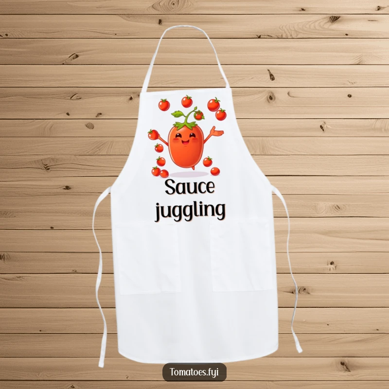 Funny apron depicting a happy tomato character juggling small cherry tomatoes, bringing fun to the kitchen.