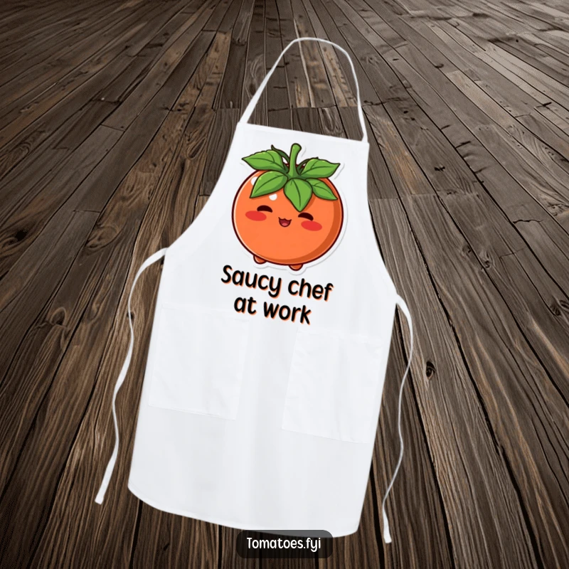 Funny Apron with a round tomato character blushing intensely, perfect for humorous and charming kitchen tasks.