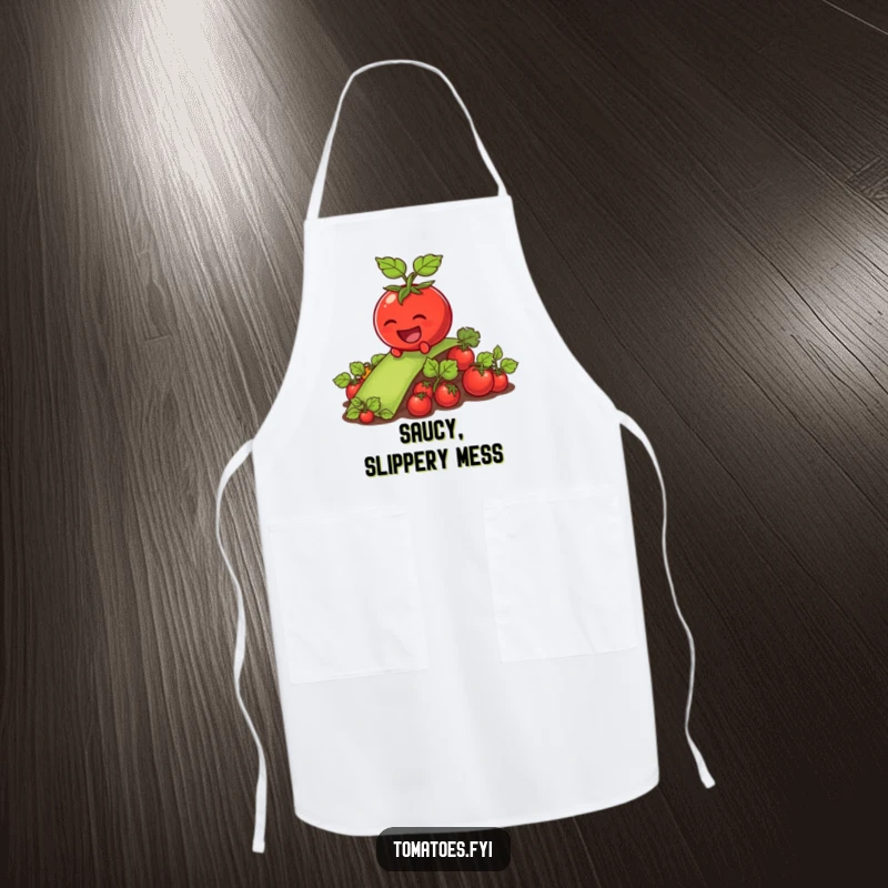 Funny tomato character sliding down a vegetable patch, printed on a functional and humorous kitchen apron.