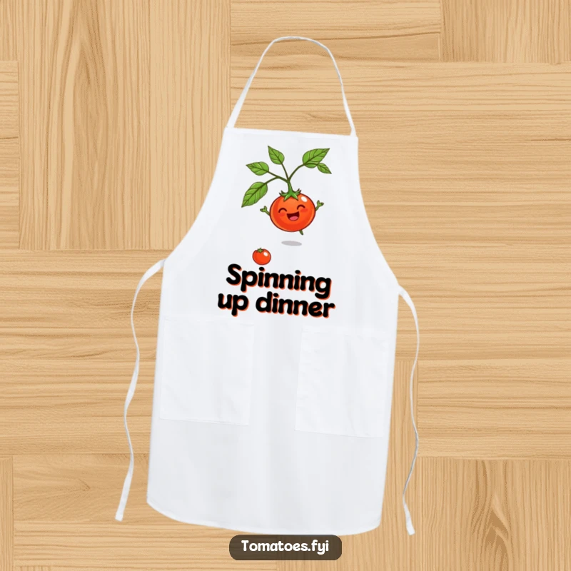 Funny Jovial Tomato Apron: A kitchen apron featuring a happy tomato character spinning merrily.