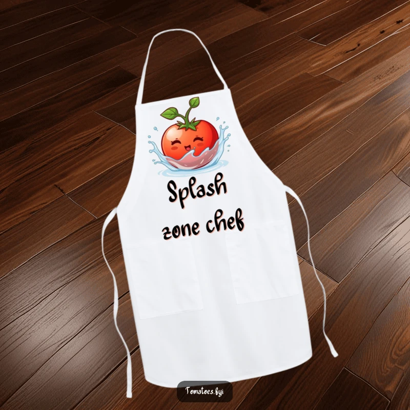 Funny apron showing a tomato character joyfully splishing and splashing, ready for kitchen adventures with a wet twist.