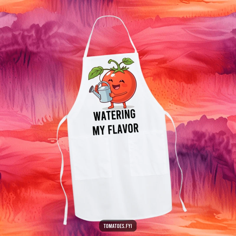 Funny apron showcasing a jovial tomato holding a tiny watering can, perfect for cheerful gardening or kitchen tasks.