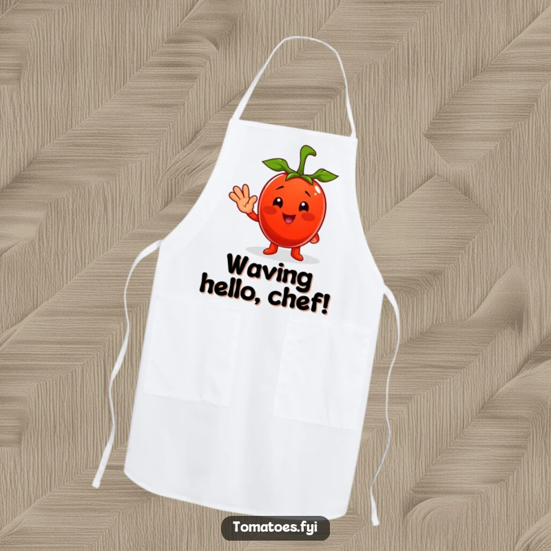 Funny apron showing a happy tomato character waving hello, ready to assist in the kitchen with a smile.