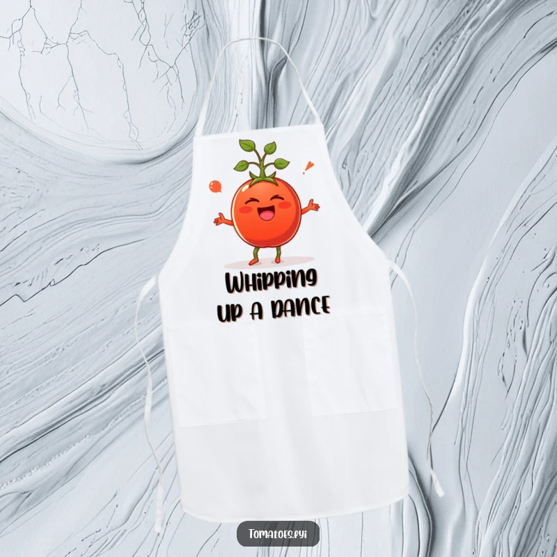 Funny apron showcasing a giggling tomato in a silly dance pose, ready to bring humor to the kitchen.