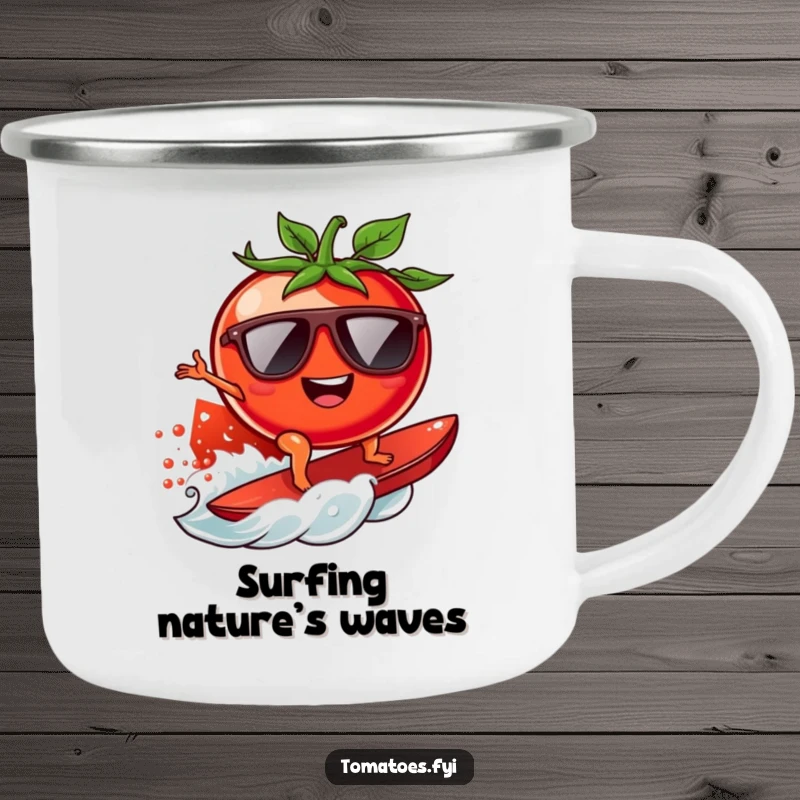 Funny surfing tomato camping mug featuring a cool tomato with sunglasses riding a juicy tomato wave, ideal for outdoor drinks.
