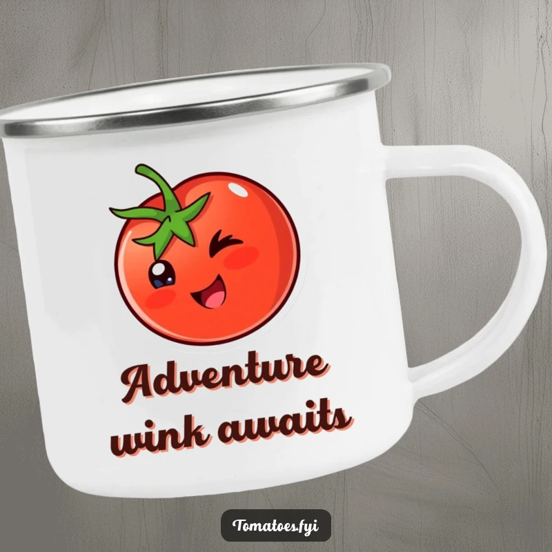 Funny Camping Mug: A happy tomato character winks playfully, perfect for cheerful mornings in the wild.