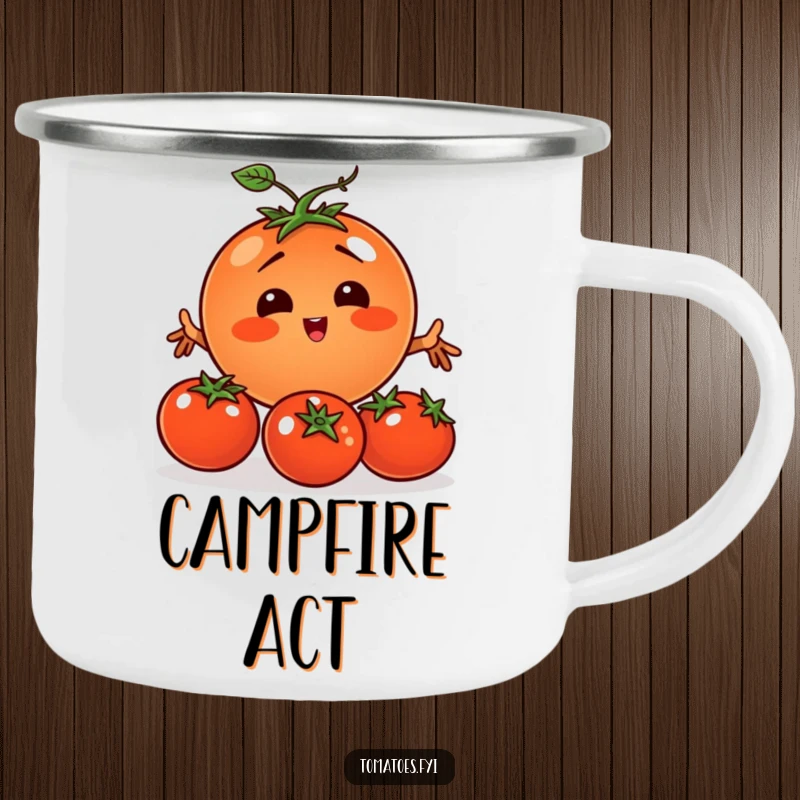 Funny tomato character comically juggling smaller tomatoes on a sturdy enamel camping mug.