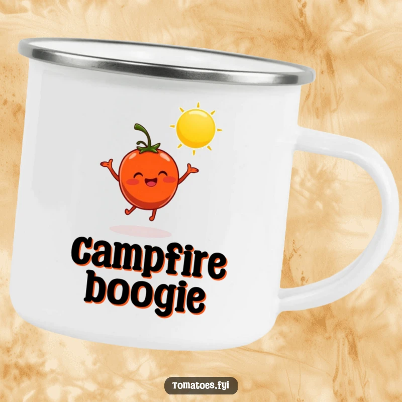 Funny camping mug with a cheerful tomato character dancing in the sun, perfect for lively outdoor coffee.