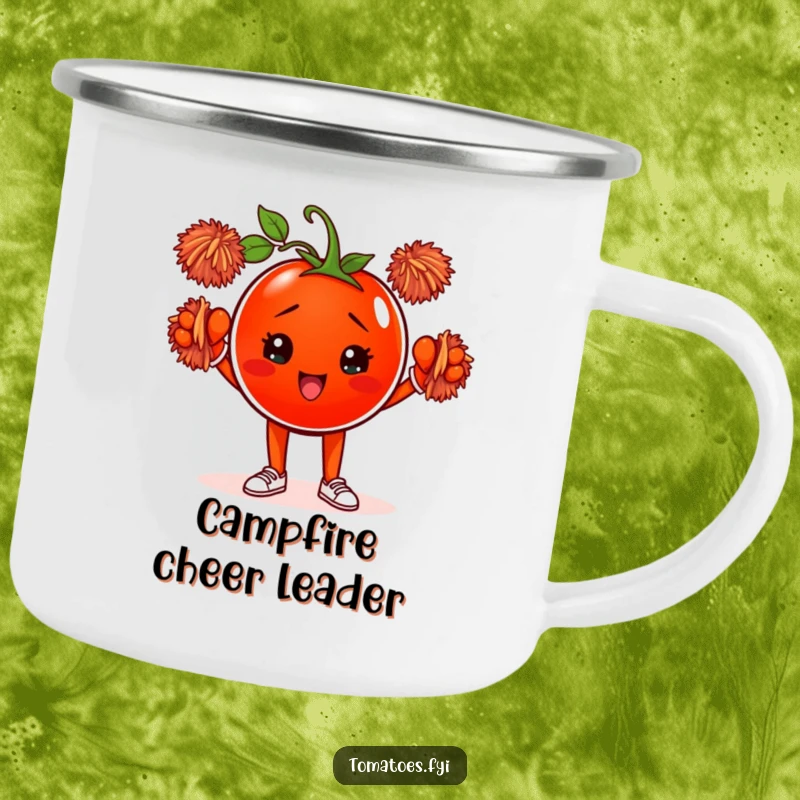 Funny camping mug with a determined tomato character cheering with pom-poms, designed for outdoor enjoyment and humorous motivation.