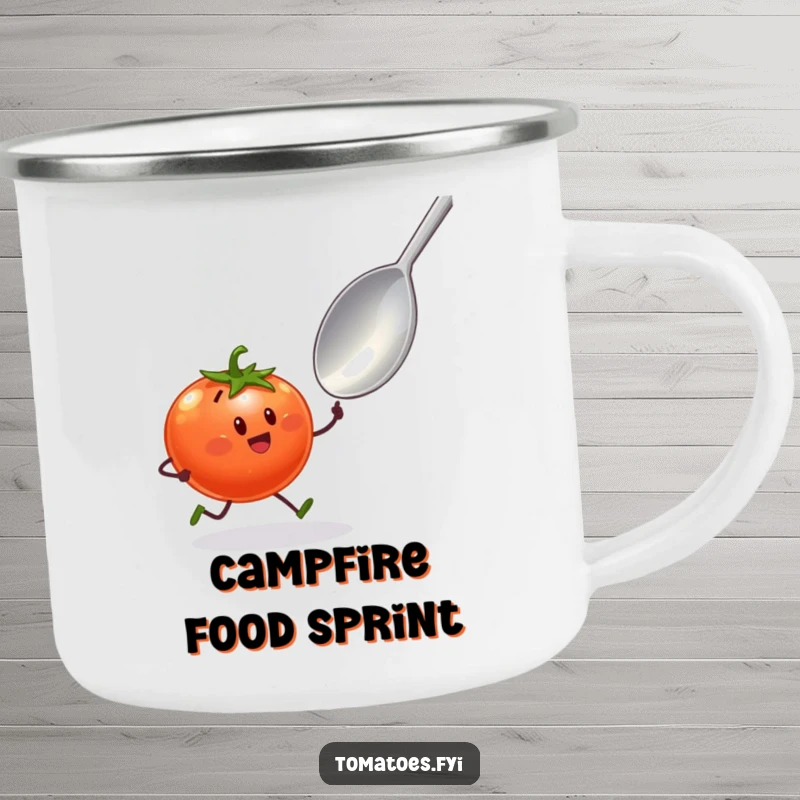 Funny camping mug of a tomato character with tiny legs sprinting towards a giant spoon, for comedic food-themed enjoyment.