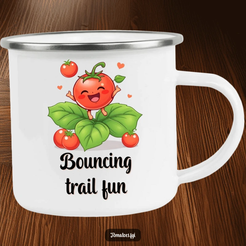 Funny Camping Mug: A baby tomato bounces on a leaf. A funny gift.