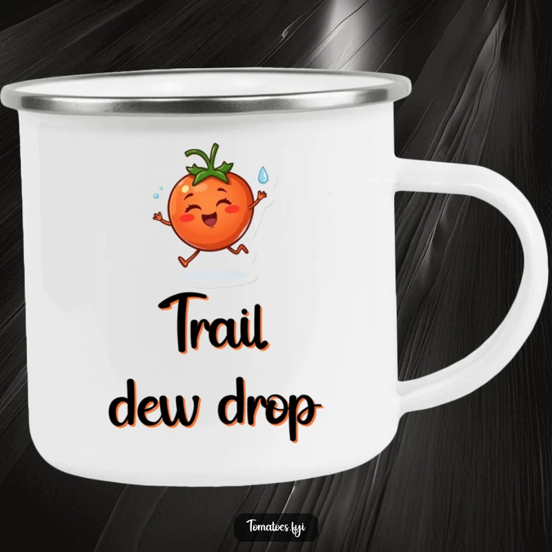 Funny camping mug showing a cheerful tomato character happily skipping with a dewdrop, perfect for outdoor enjoyment and spreading cheer.