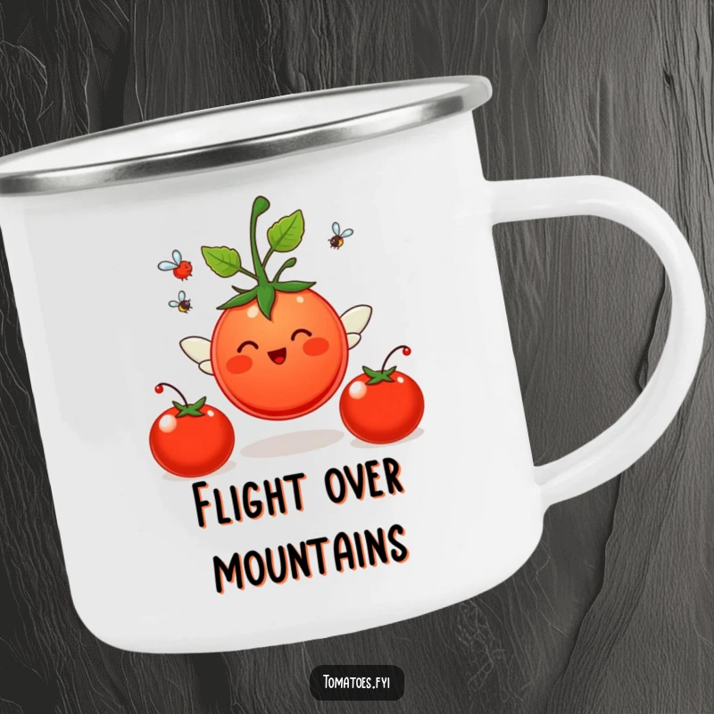 Funny Camping Mug: A tomato with wings flies. A funny gift.