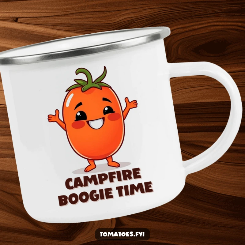 Funny camping mug featuring a grinning tomato character doing a disco dance, ideal for outdoor parties.