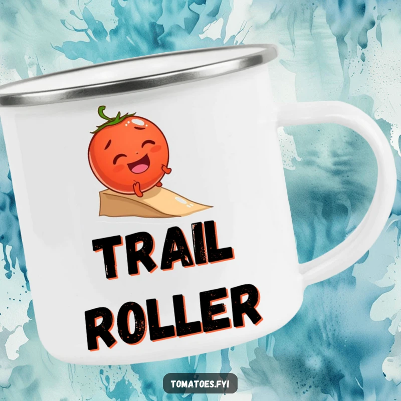 Funny camping mug showing a giggling tomato character joyfully rolling down a small incline, perfect for outdoor enjoyment and smiles.